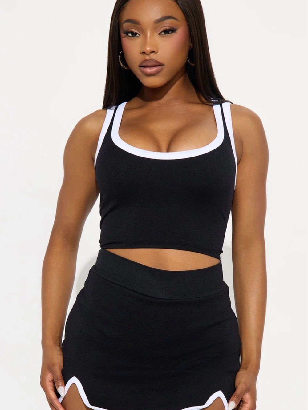 Fashion Nova Black Crop Bandeau Tank and Skort Set with White Trim